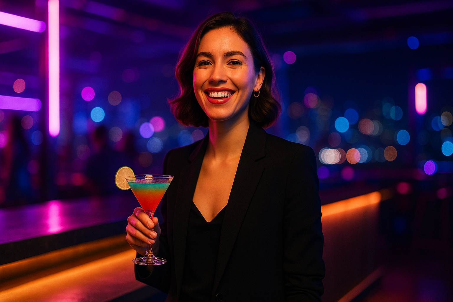 Femme souriante seule au bar de nuit avec cocktail et lumières néon.